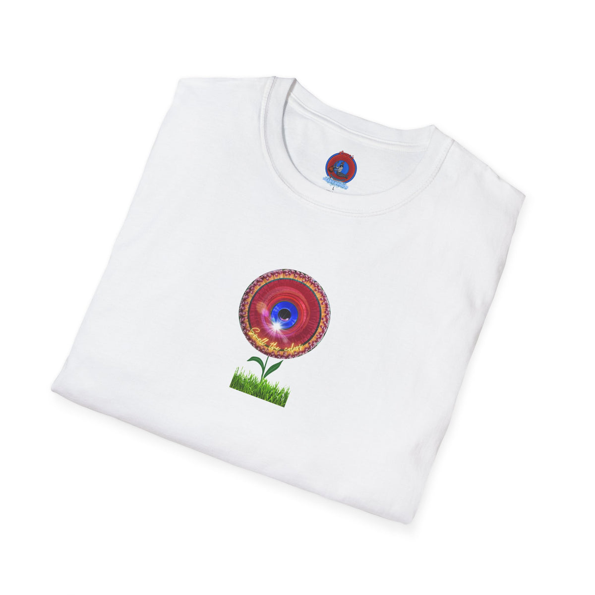 Classic Donut Tee - Unisex Soft-Style - "Smell the Donuts Outside on my Lawn"  " variant 2 - blue donut on red donut/flower