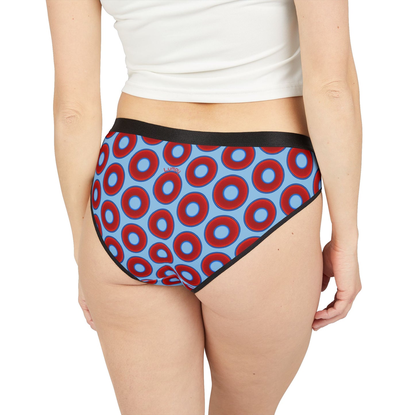 Lumpy Donut Underwear - vivid red donut print w/sky blue background