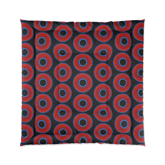 The Very Lumpy Comforter - vivid red donuts w/black background