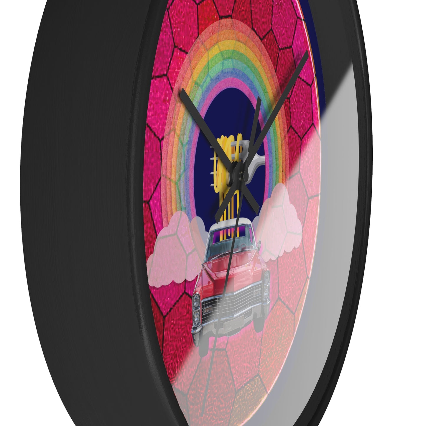 Lumpy Wall Clock - "Time for a Spaghetti Incident in my Caddy" - variant 1 - magenta hexadonut w/navy blue background