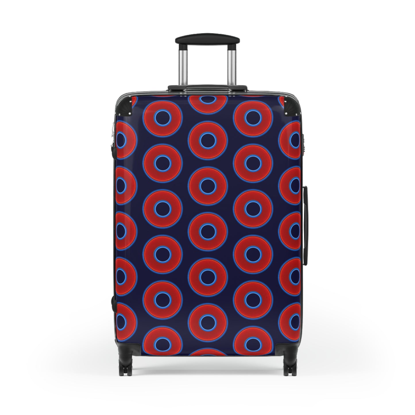 The Very Lumpy Donut Suitcase series - your choice of S, M or L - vivid red donut print w/midnight blue background