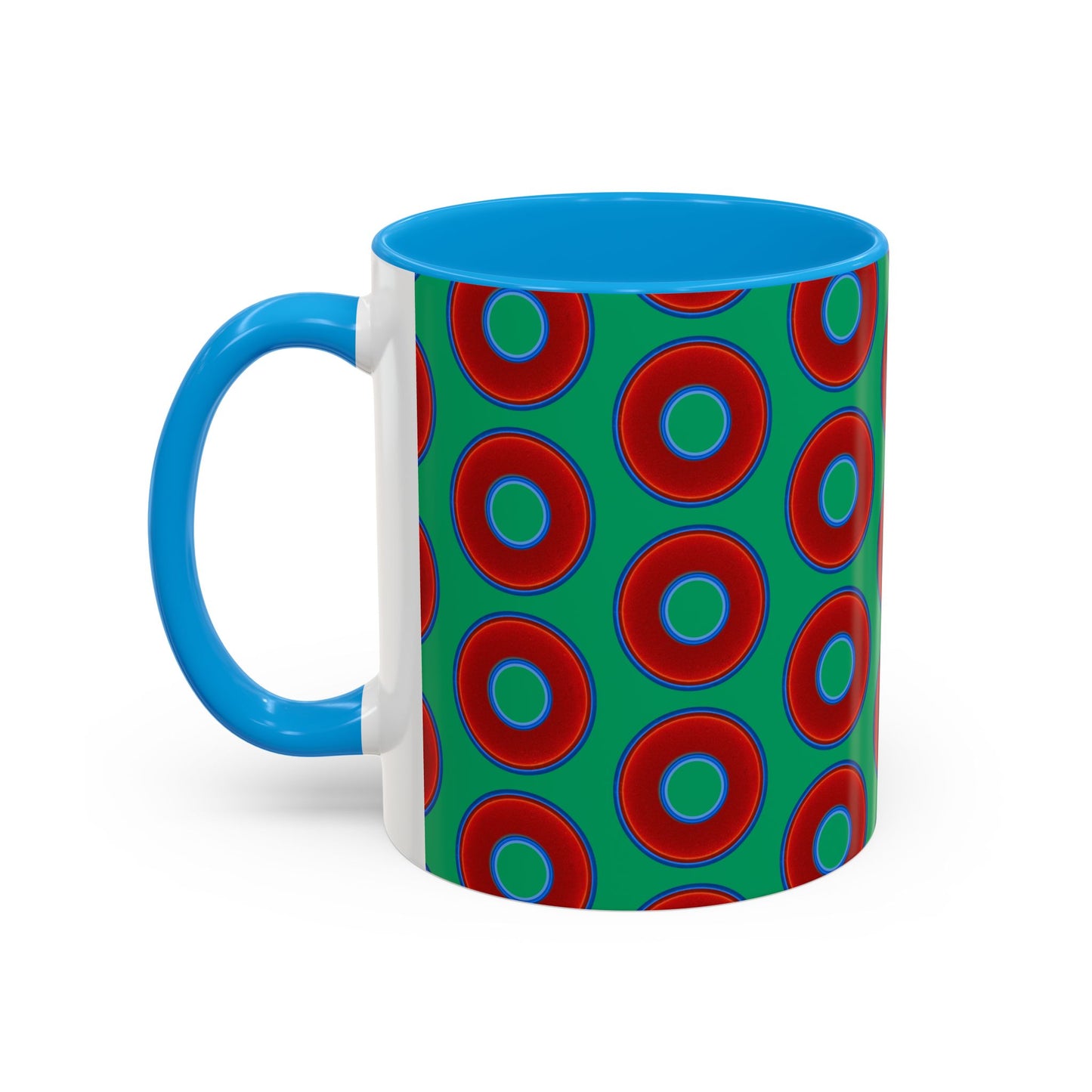 Lump's Grumpy Coffee Mug - vivid red donuts w/jade green background