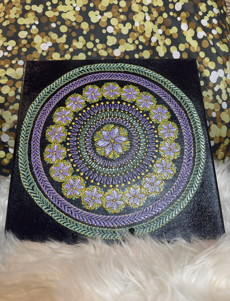 Matlack Mandala - handmade - purple/green/yellow [12" x 12"]