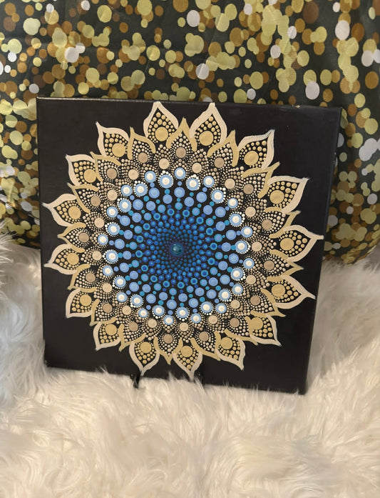 Matlack Mandala - handmade - various blues/tan/cream [12" x 12"]