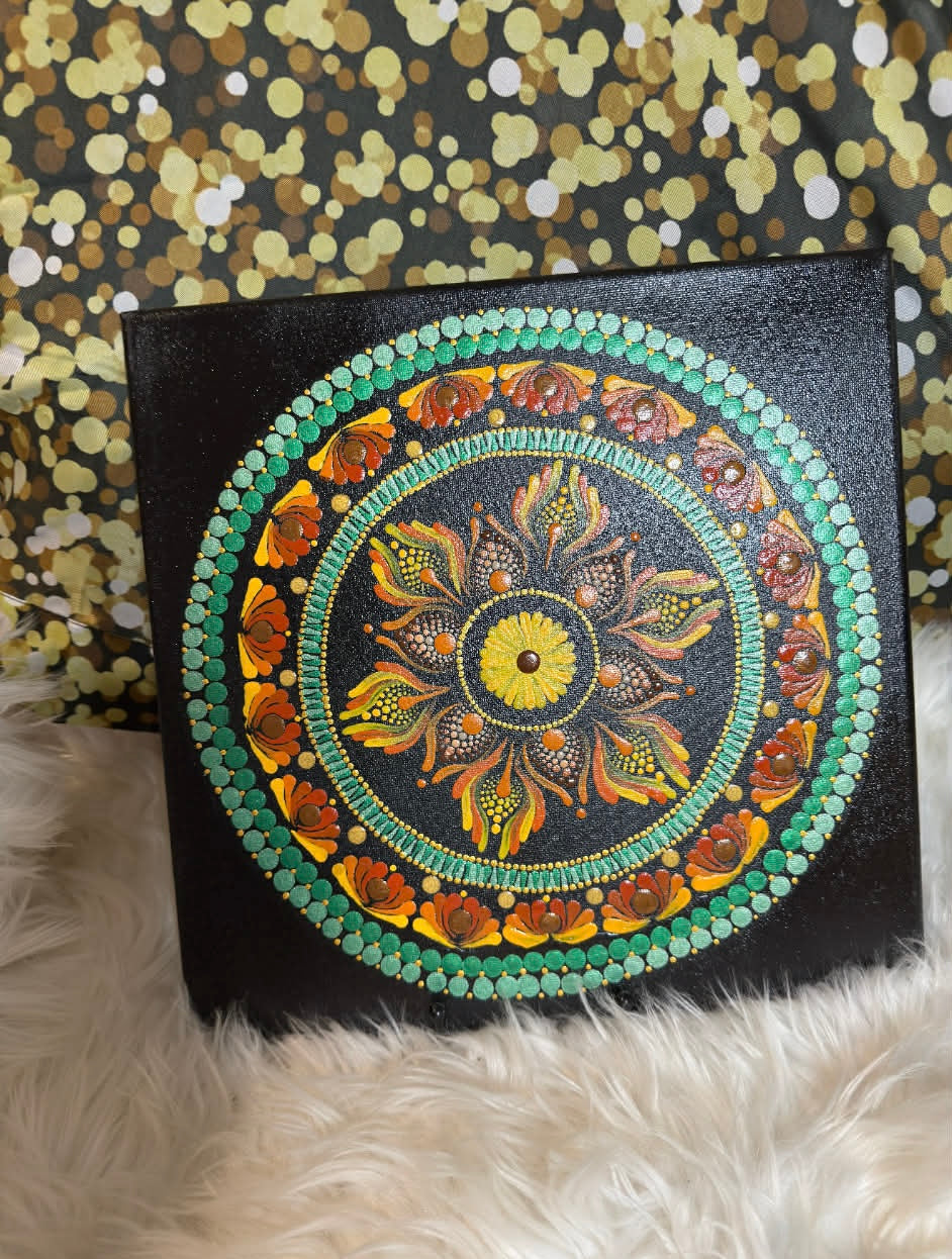 Matlack Mandala - handmade - green/orange/red/yellow [12" x 12"]