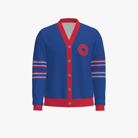 Designer V Neck Cardigan - w/2 red donuts & stripped sleeves